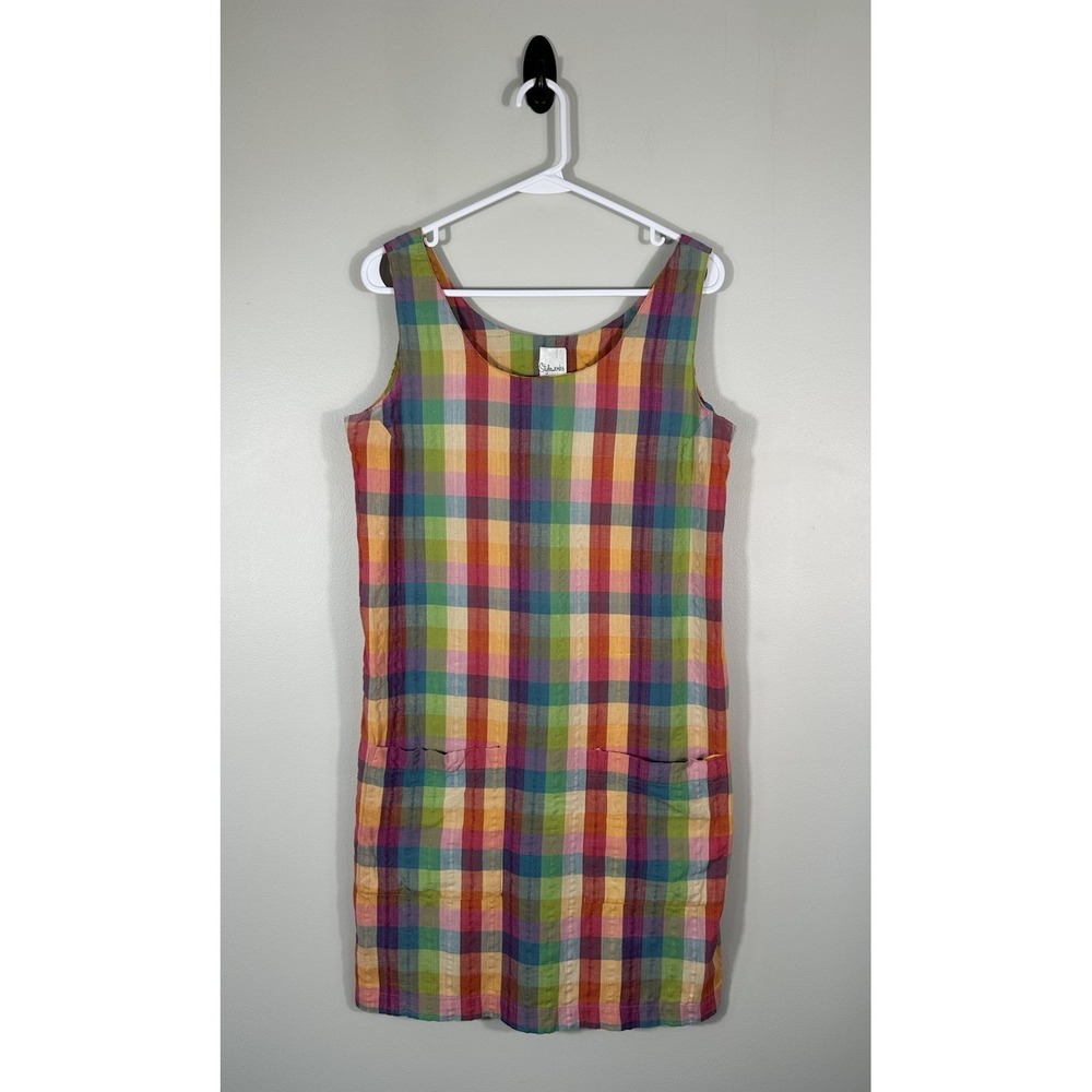 Vtg Style Works Pinafore Dress Womens M Plaid Jumper Cottage Rainbow 90s Read